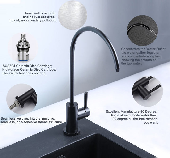 Kitchen Water Filter Faucet, 100% Lead-Free Drinking Water Faucet Fits Most Reverse Osmosis Units or Water Filtration System in Non-Air Gap, Stainless Steel 304 Body Matte Black Finish