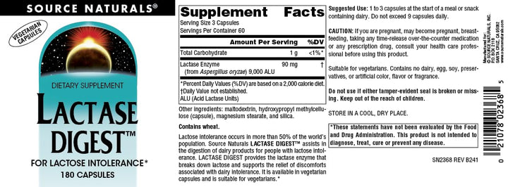 Lactase Digest, for Lactose Intolerance* - 180 Capsules