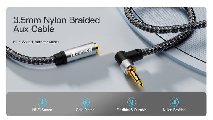 Nanxudyj Right Angle AUX Extension Cable 5ft Nylon Brai