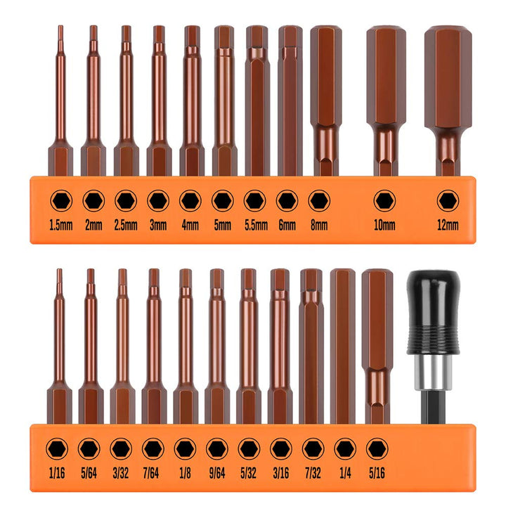 23-Piece Hex Head Allen Wrench Drill Bit Set, S2 Steel, Metric &amp; SAE Hex Bit Set, 2.3 Long
