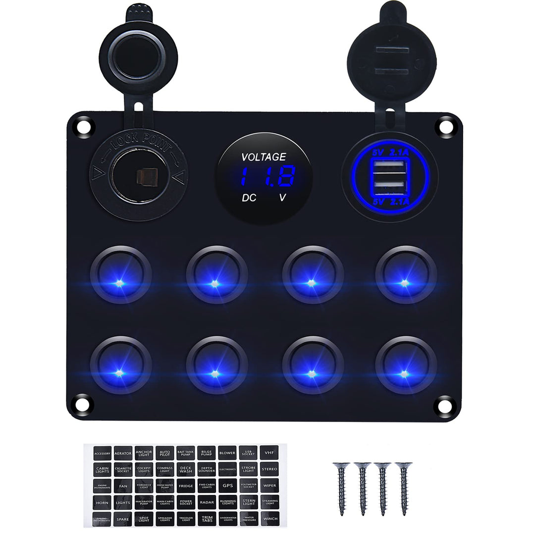 12v 8 Gang Waterproof Toggle Switch Panel, KAOLALI Marine Ignition Rocker Switch Panel USB ON-Off Toggle Switch Multi-Functions Panel for RV Car Boat Vehicle (Blue LED)