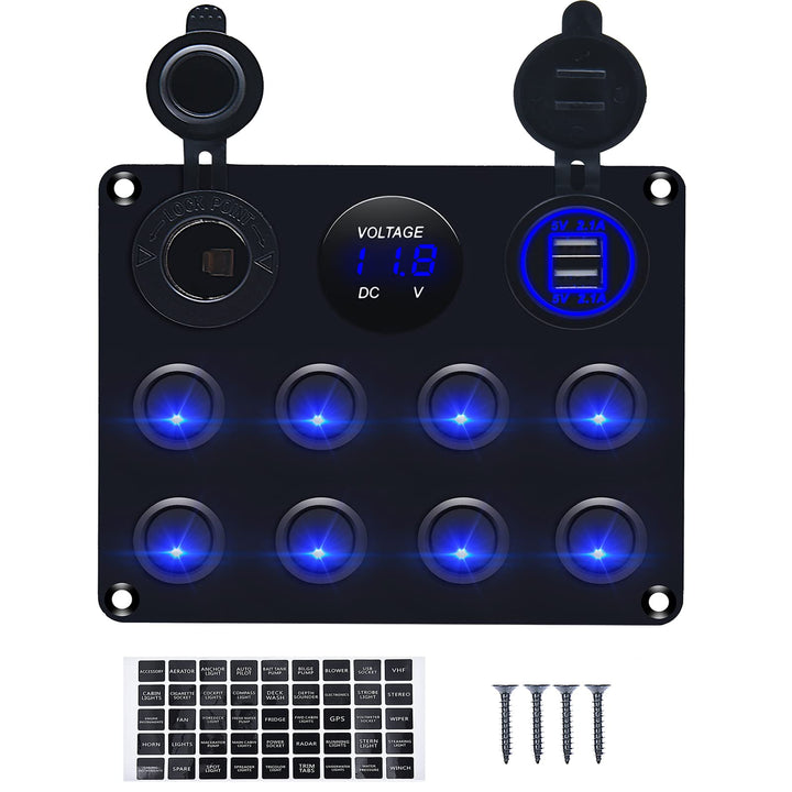 12v 8 Gang Waterproof Toggle Switch Panel, KAOLALI Marine Ignition Rocker Switch Panel USB ON-Off Toggle Switch Multi-Functions Panel for RV Car Boat Vehicle (Blue LED)