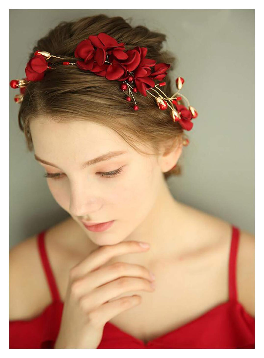 Wedding Bride Floral Red Headband Crystal Gold Hair Vine with Pearl Rhinestone Hair Accessory Boho Delicate Hair Piece Jewelry for Women and Girls
