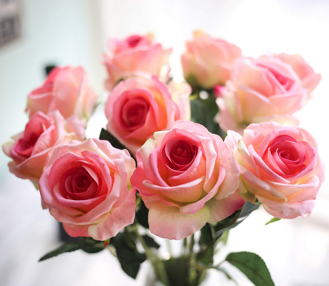 Artificial Silk Rose Flowers 12pcs Real Looking Fake Big Roses Velvet Roses Bridal Bouquet Wedding Home Kitchen Decorations or Gift (Pink and Red)