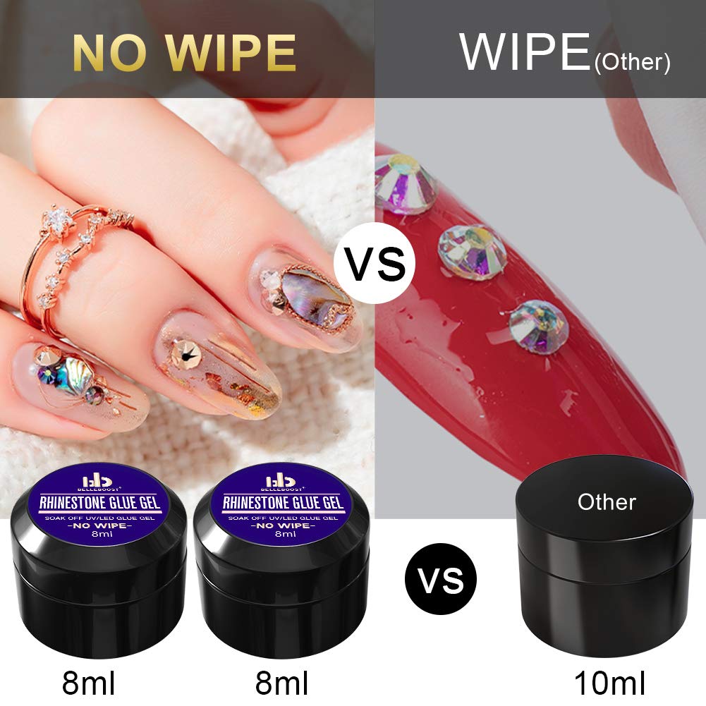 Nail Art 15ml NO WIPE Rhinestone Glue Gel Kit(LED Light Cure Needed) Adhesive Resin Gem Stone Jewelry Beads Diamond Gel Nail Polish Clear Decoration With Nail Rhinestones(Crystal+Acrylic+Rivet)+tools