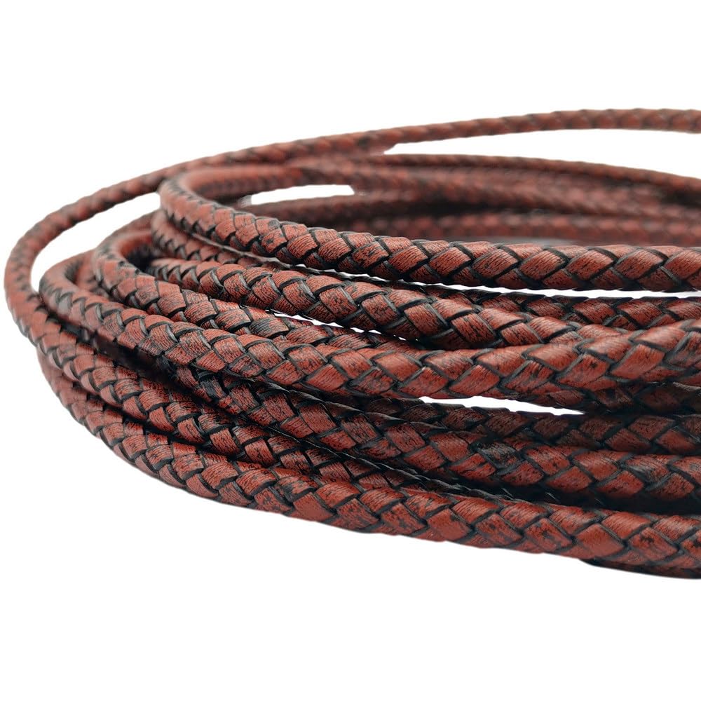3 Yards Braided Leather Strap 5mm Round Regenerated Leather Cord for Bracelet Making Antique Red Brown