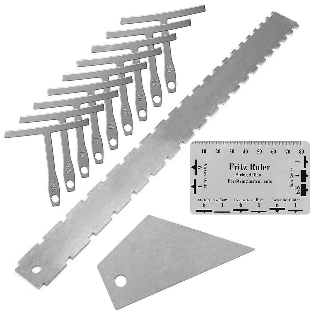 Set of 12 Pieces Luthier Tools Set Guitar Neck Notched Straight Edge 9pcs Guitar Radius Gauge String Action Gauge Ruler Fret Rocker for Guitar and Bass Setup Tool
