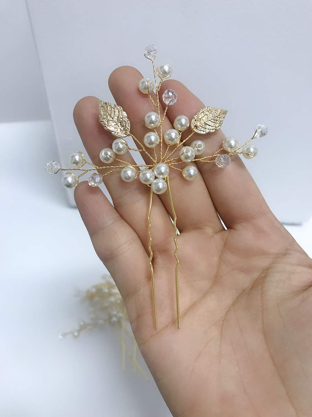 Bride Gold,Silver,Rose gold Leaves Hair Pins Wedding Hair Pins Clips Rhinestone Bridal Hair Piece Hair Accessories for Women Set of 3 (Gold)