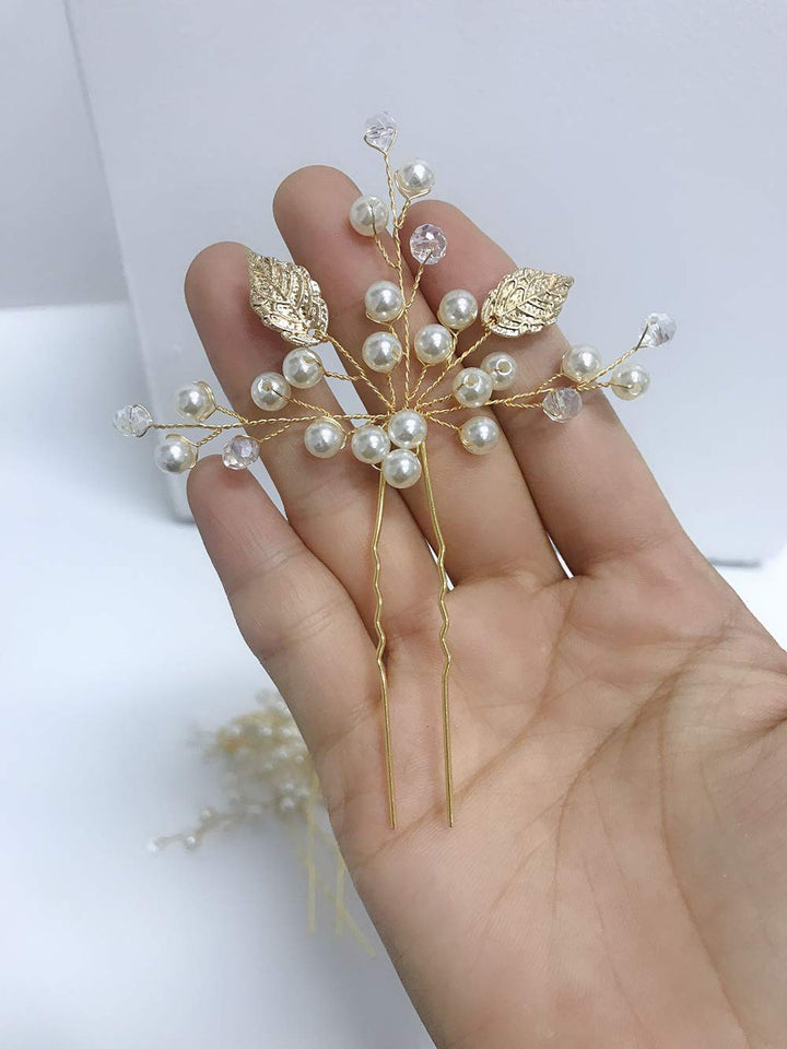 Bride Gold,Silver,Rose gold Leaves Hair Pins Wedding Hair Pins Clips Rhinestone Bridal Hair Piece Hair Accessories for Women Set of 3 (Gold)