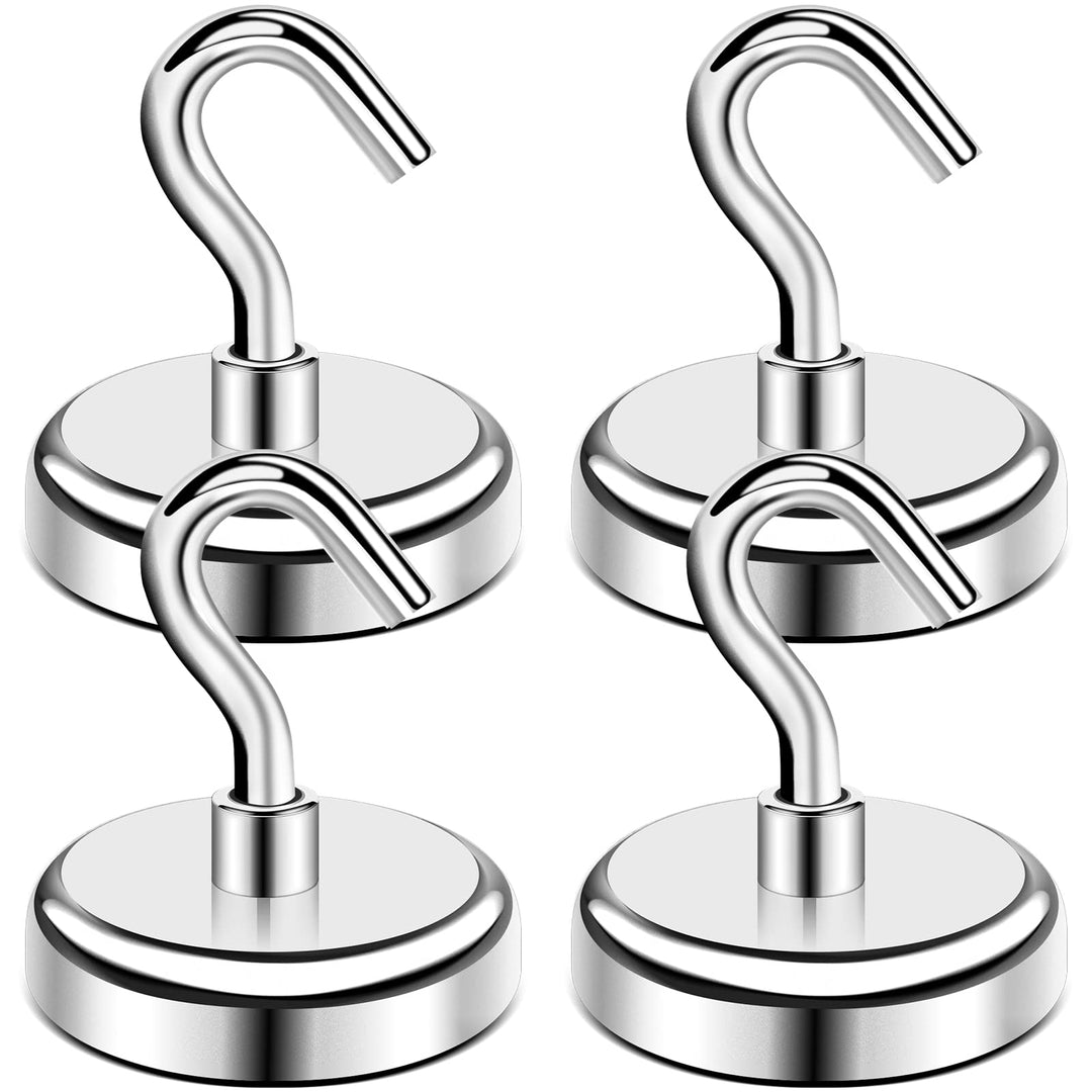 E BAVITE Heavy Duty Magnetic Hooks, Strong Neodymium Magnet Hook for Home, Kitchen, Workplace, Office and Garage, Hold up to 118 Pounds,32mm(1.26inch) in Diameter - 4pack, Silvery