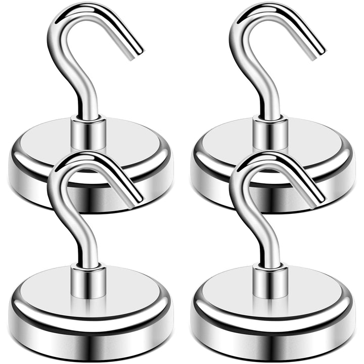 E BAVITE Heavy Duty Magnetic Hooks, Strong Neodymium Magnet Hook for Home, Kitchen, Workplace, Office and Garage, Hold up to 118 Pounds,32mm(1.26inch) in Diameter - 4pack, Silvery