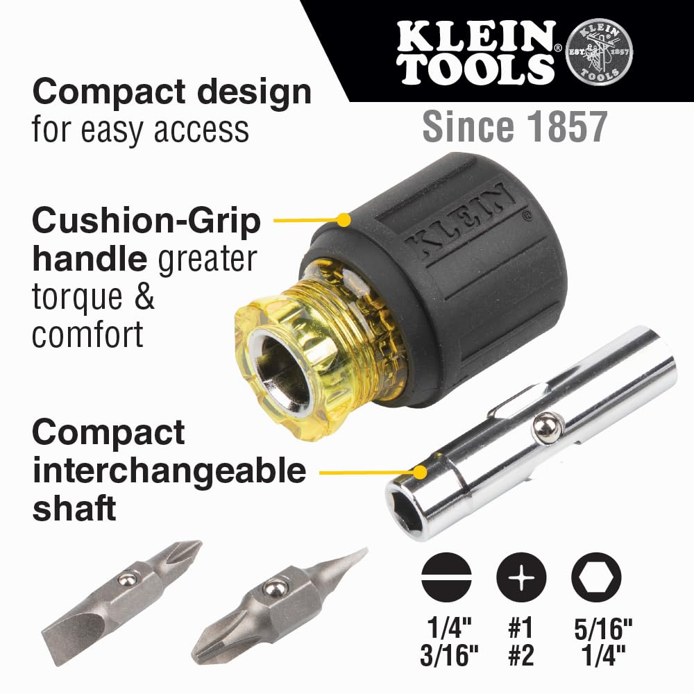 32561 Multi-Bit Screwdriver / Nut Driver, 6-in-1 Stubby Screwdriver with 2 Phillips, 2 Slotted Bits, 2 Nut Drivers