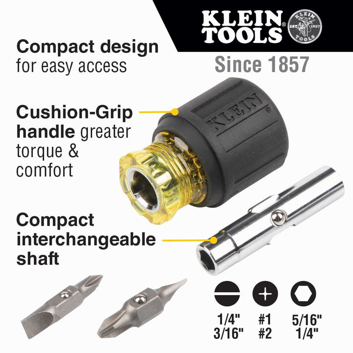32561 Multi-Bit Screwdriver / Nut Driver, 6-in-1 Stubby Screwdriver with 2 Phillips, 2 Slotted Bits, 2 Nut Drivers