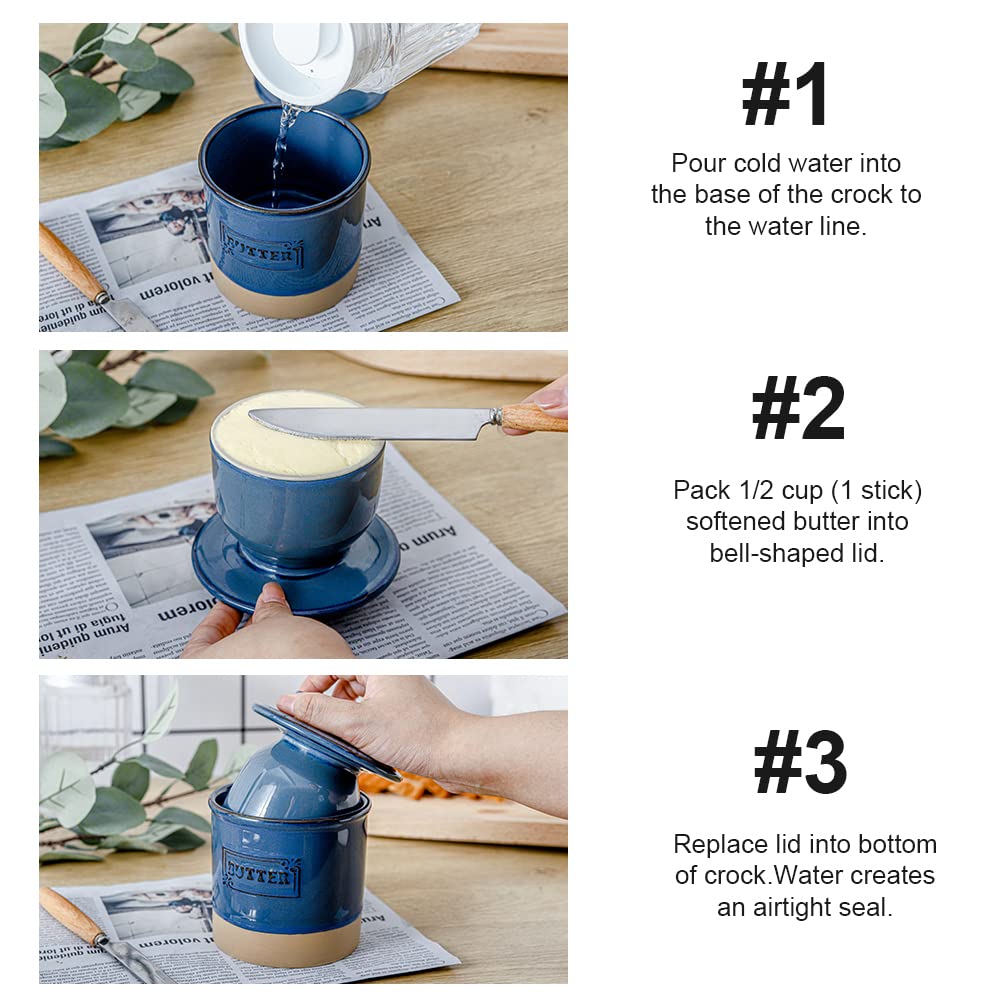 Ceramic Butter Crock, French Butter Dish with Lid for Countertop, Butter Keeper for Counter, Butter Crock with Water, Butter Holder for Soft Butter, Farmhouse Style(Blue)