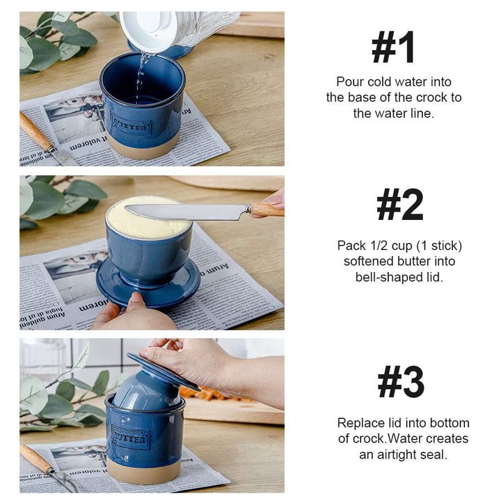 Ceramic Butter Crock, French Butter Dish with Lid for Countertop, Butter Keeper for Counter, Butter Crock with Water, Butter Holder for Soft Butter, Farmhouse Style(Blue)
