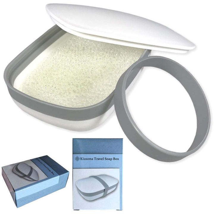 2Pcs Travel Soap Box,soap Bar Holder Dish Container Case with Sponge saver&amp;Silicone Band,Strong Sealing,Leak Proof,Portable,Best for Bathroom,Gym,School,Camping,Hiking,Vacation/White Pack of 2