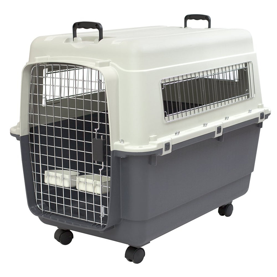 Plastic Kennels Rolling Plastic Airline Approved Wire Door Travel Dog Crate, X-Large, Gray