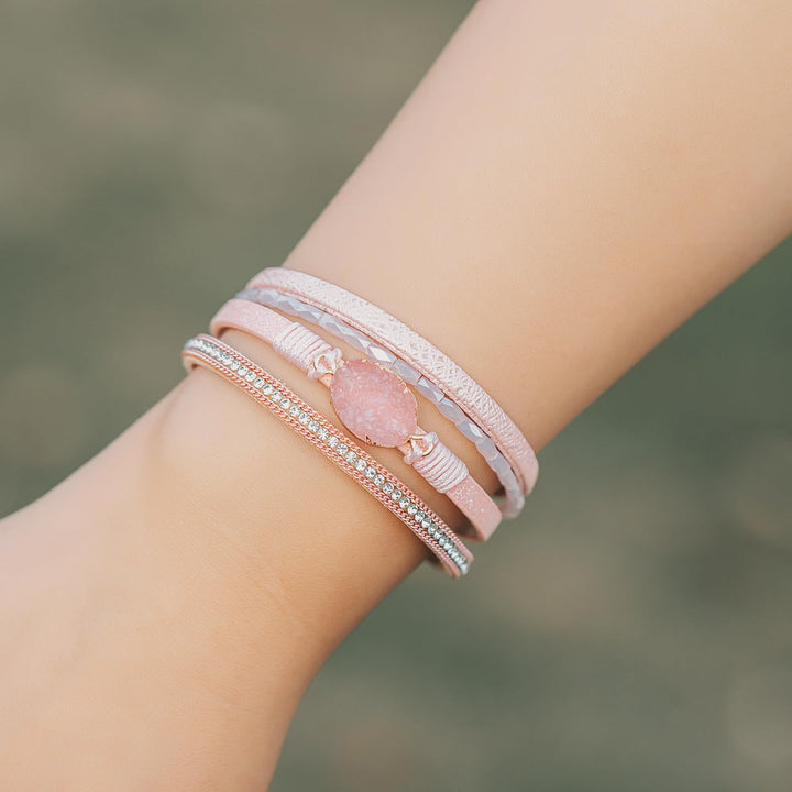Boho Leather Wrap Bracelets Bohemian Crystal Bracelets Trendy Layered Bracelet with Magnetic Clasp Stackable Jewelry for Women (7.7, Pink)