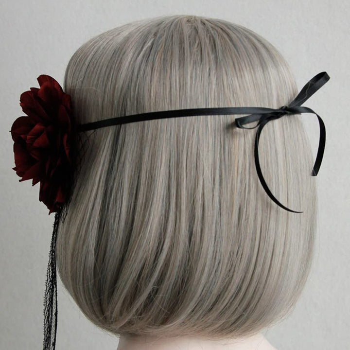 Masquerade Mesh Veil Headband with Burgundy Flower Black Lace Gothic Forehead Headdress Half Face Eye Veil for Women Prom Ball Costume Party