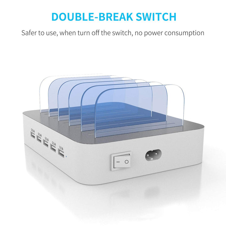 Charging Station for Multiple Devices, 5 Port Multi USB-A Charger Station with Power Switch Designed for iPhone iPad Cell Phone Tablets (White, 6 Mixed Short Cables Included)