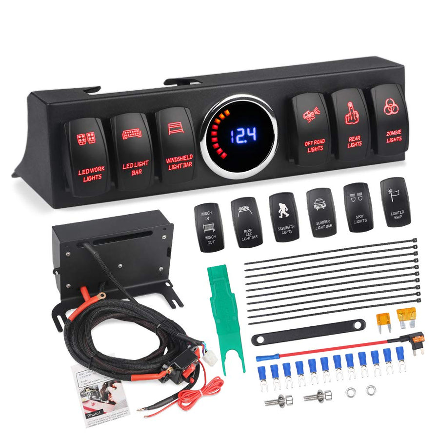 6-Switch Pod Toggle Switch Panel Overhead and Source Control System Box Wiring Harness Kit with 12 Switch Covers & a Switch Clip Remover Compatible with Jeep Wrangle (Red)
