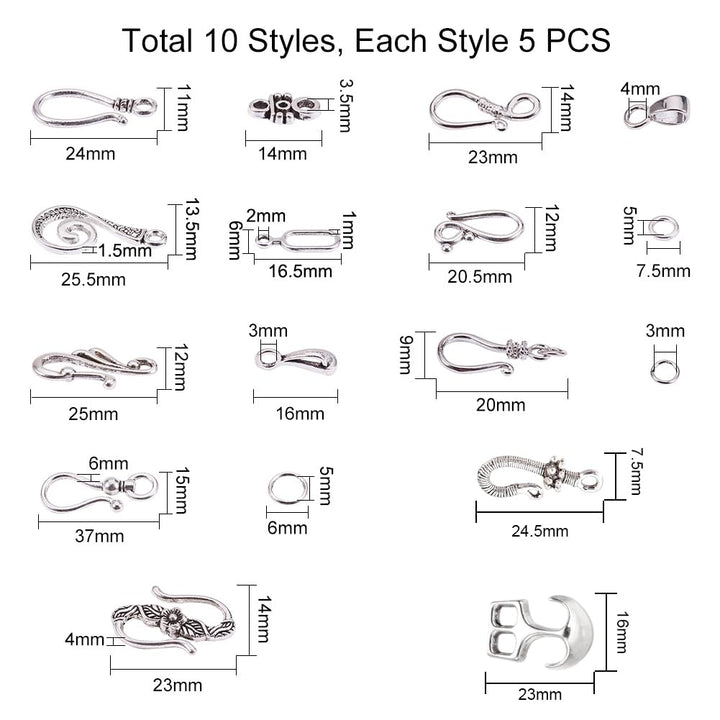 50 Sets 10 Styles S Hook Ring Toggle Clasps End Clasps Antique Silver Tibetan Jewelry Clasps for Bracelet Necklace Jewelry Making