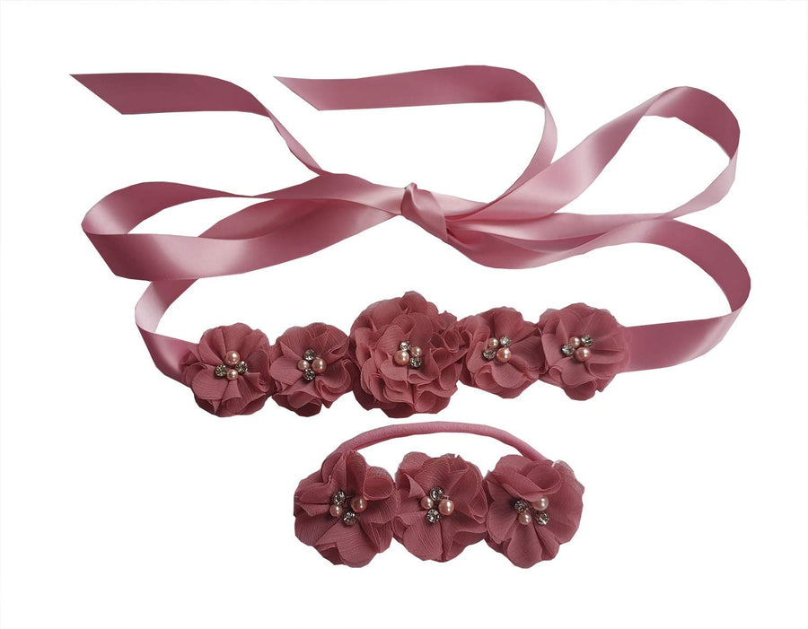 Maternity Sash girls Headband Set Baby Shower Sash Belt, Dusty Pink, 90 inches!