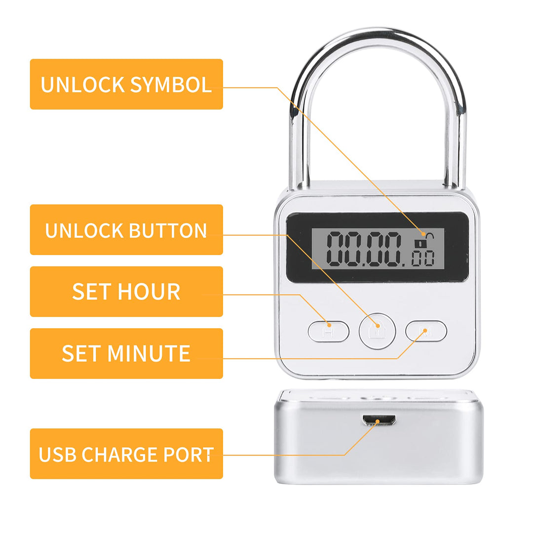 Metal Timer Lock, 99 Hours Max Timing Electronic Lock with LCD Display Micro USB Rechargeable Timer Padlock (Silver)