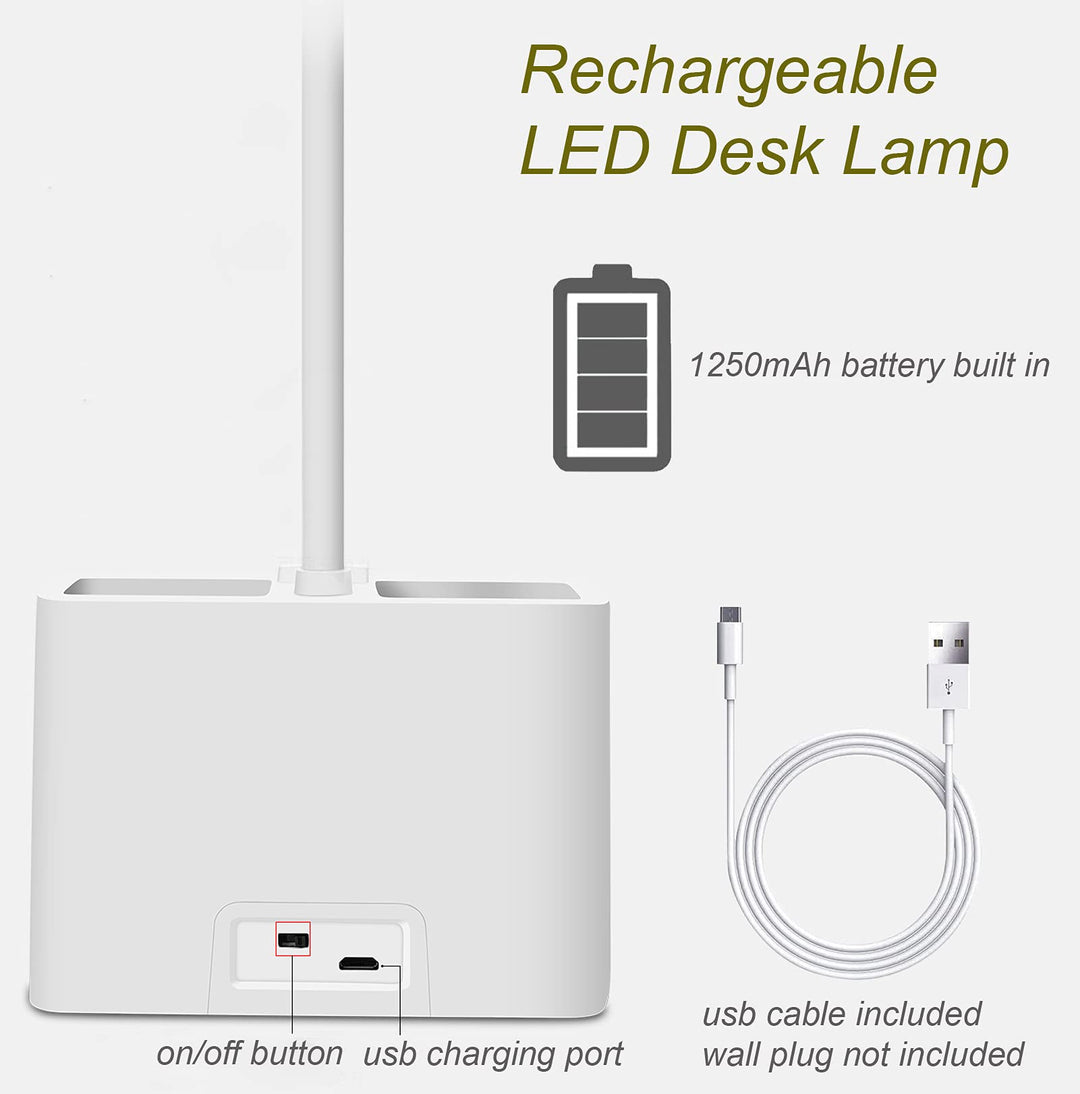 LED Desk Lamp with Pen &amp; Phone holder, USB Rechargeable Book Reading Light,Eye-Caring Study Lamp for Kids, Touch Table Lamp with Flexible Gooseneck for Home,Office,3 Color Modes &amp; Stepless Dimming