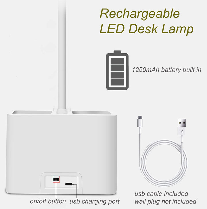 LED Desk Lamp with Pen &amp; Phone holder, USB Rechargeable Book Reading Light,Eye-Caring Study Lamp for Kids, Touch Table Lamp with Flexible Gooseneck for Home,Office,3 Color Modes &amp; Stepless Dimming
