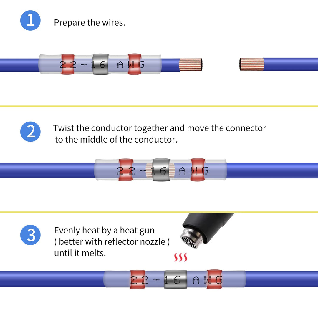 100 Pcs Solder Seal Wire Connectors, 16-14 AWG Heat Shrink Solder Connectors, Waterproof Electrical Wiring Butt Terminal