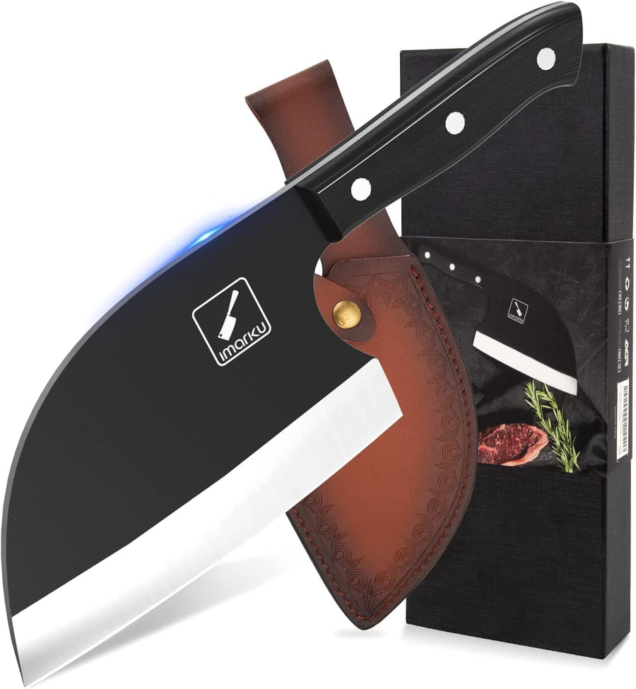 Butcher Knife, 7 Serbian Chef Knife, High-Carbon Steel Forged Full Tang Meat Cutter, Black Corrosion-Resistant Non-Stick Coating, Easy to Clean,With Leather Sheath,Christmas Gifts