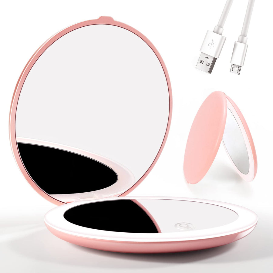 LED Lighted Compact Mirror,4 Inch 1X/5X Magnification Travel Makeup Mirror,Rechargeable Portable Compact Mirror with Light for Handbag, Purse, Pocket, White