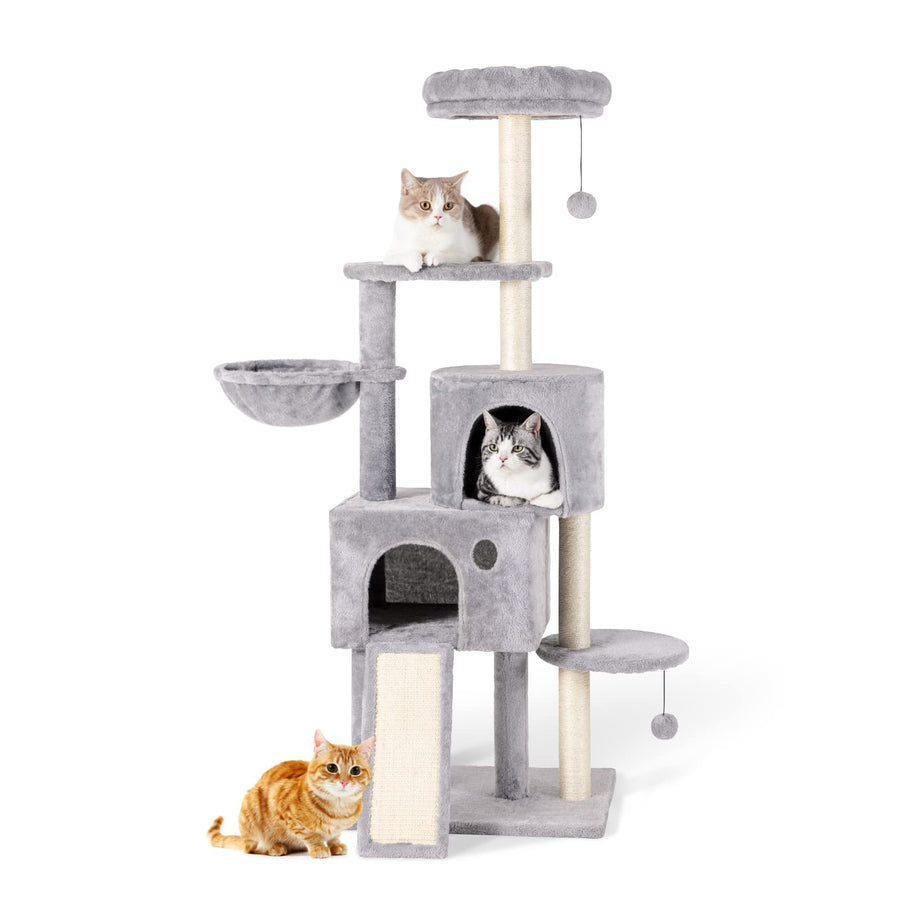 59 Multi-Level Cat Tree Cat Tower for Indoor Cats, Tall Plush Rest Area with Spacious Cat Condos, Scratching Posts with Hammock Basket and Hanging Toy, Cat Furniture with House for Rest & Fun