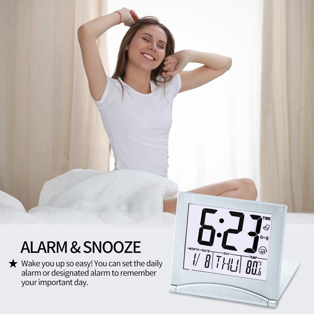 Small Digital Travel Alarm Clock Battery Operated, Portable Large Number Display Loud Alarm Clock with Temperature, Night Backlight, 12/24 H Desk Clock -Silver (White Light)