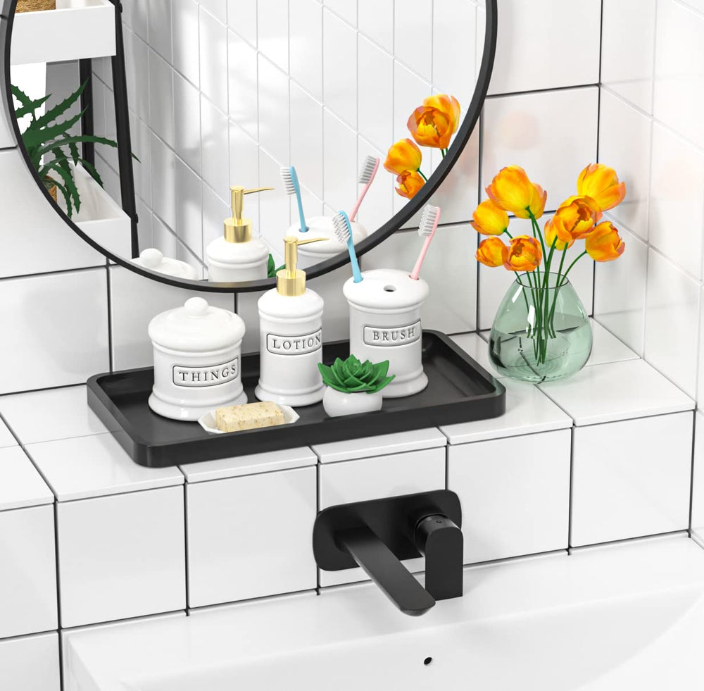 Bathroom Vanity Tray for Countertop - Bamboo Organizer Tray for Dresser Tops, Toilet, Perfume Small Decorative Tray Wood Tray for Home Decoration 11.81” L x 6.1” W x 0.79” H (Black)