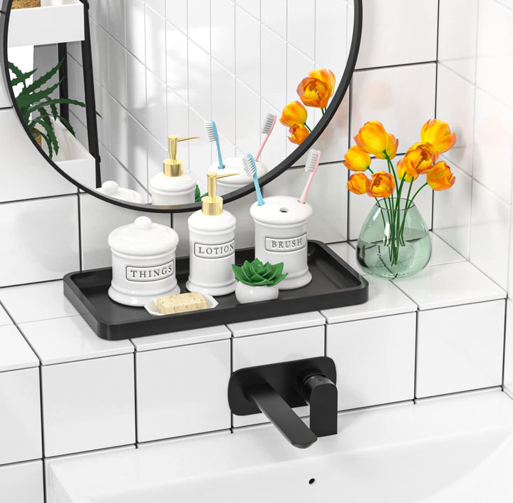 Bathroom Vanity Tray for Countertop - Bamboo Organizer Tray for Dresser Tops, Toilet, Perfume Small Decorative Tray Wood Tray for Home Decoration 11.81” L x 6.1” W x 0.79” H (Black)