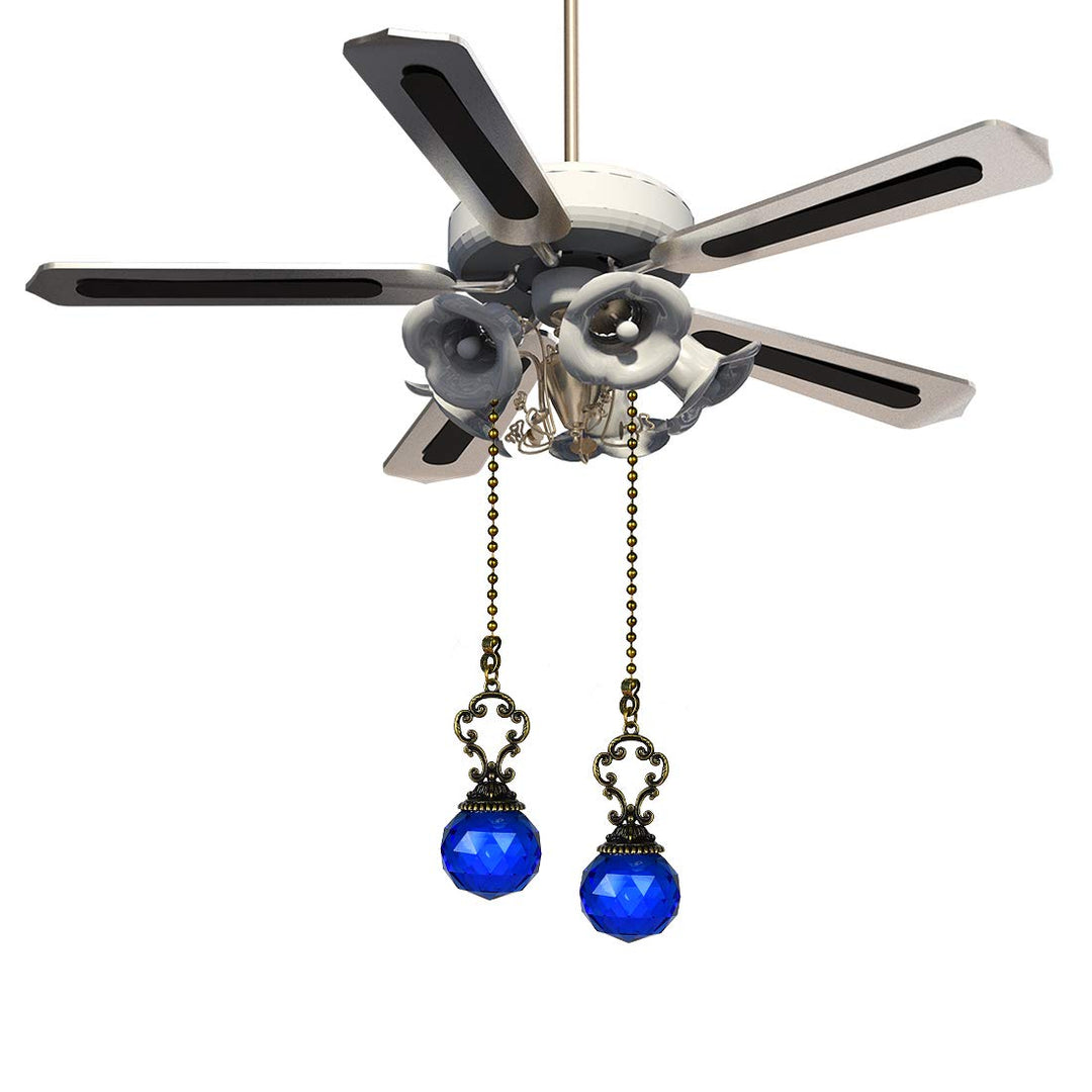 Set of 2 Vintage-Style Blue Fan Pull Ceiling Fan Chain Pulls Crystal Prism Ball