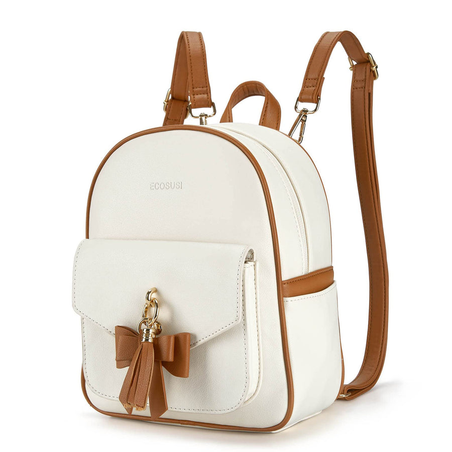 Mini Backpack for Women Girls Cute Bowknot Small Backpack Purse Ladies Leather Bookbag Satchel Bag, with Charm Tassel White&Brown
