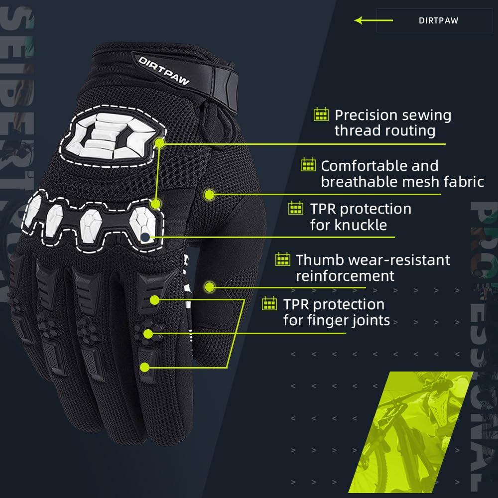 Dirtpaw Unisex BMX MX ATV MTB Racing Gloves - Touch Recognition Full Finger Glove for Road Racing and Motorcycle Sports Black M