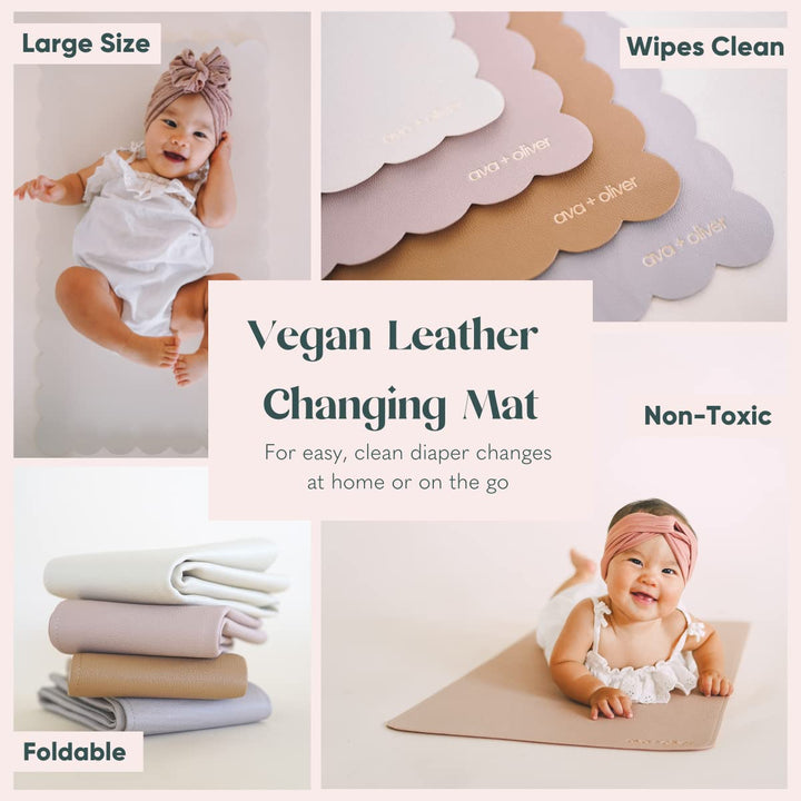 Ava + Oliver Vegan Leather Baby Changing Mat (16 X 30 in) - Multipurpose Wipeable and Portable Diaper Changing Mat - Foldable Travel Changing Mat (Cream)