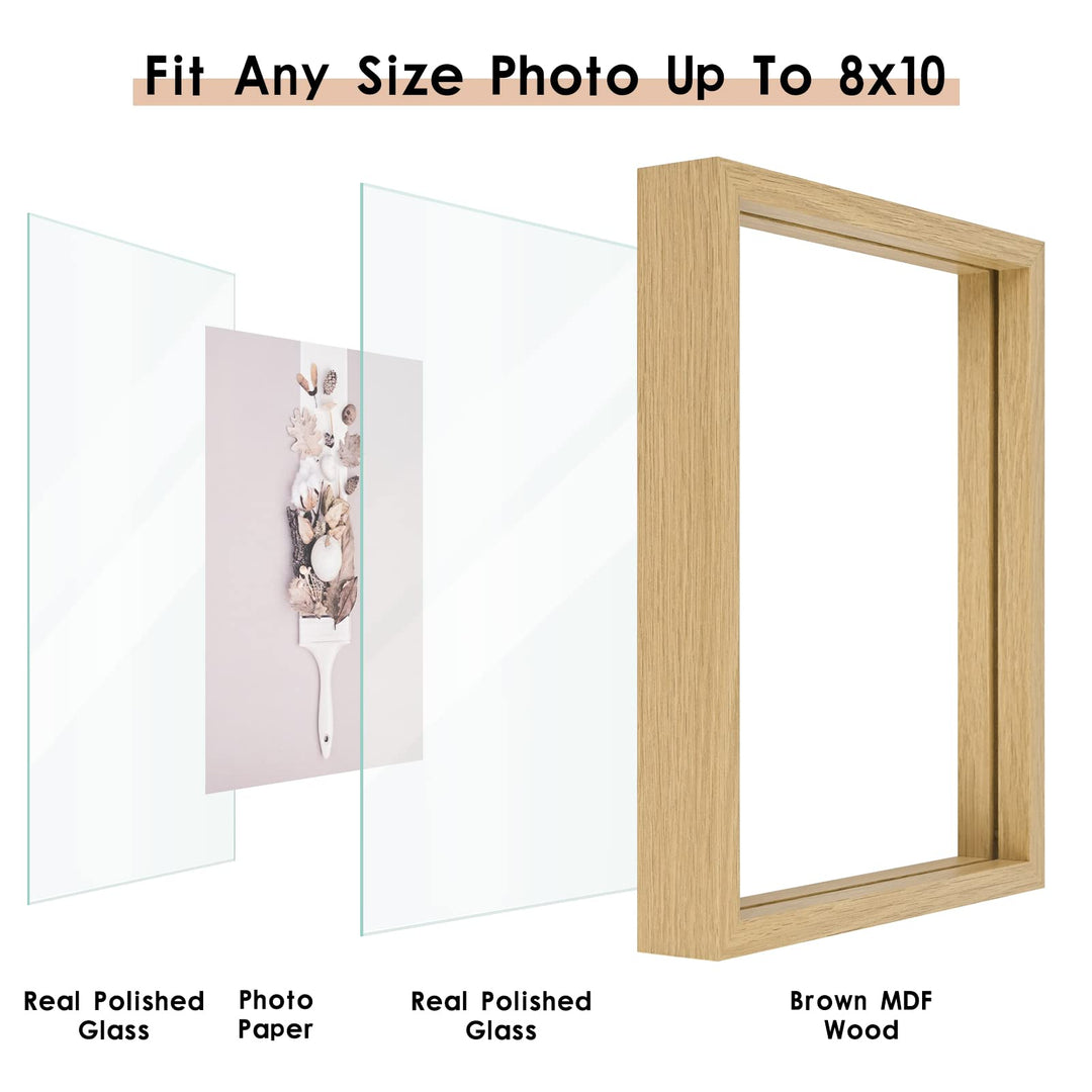 8x10 Floating Frame Set of 2,Double Glass Rustic Photo Frame for Wall Hanging or Tabletop Standing,Display Any Size Photo up to 8x10,Natural