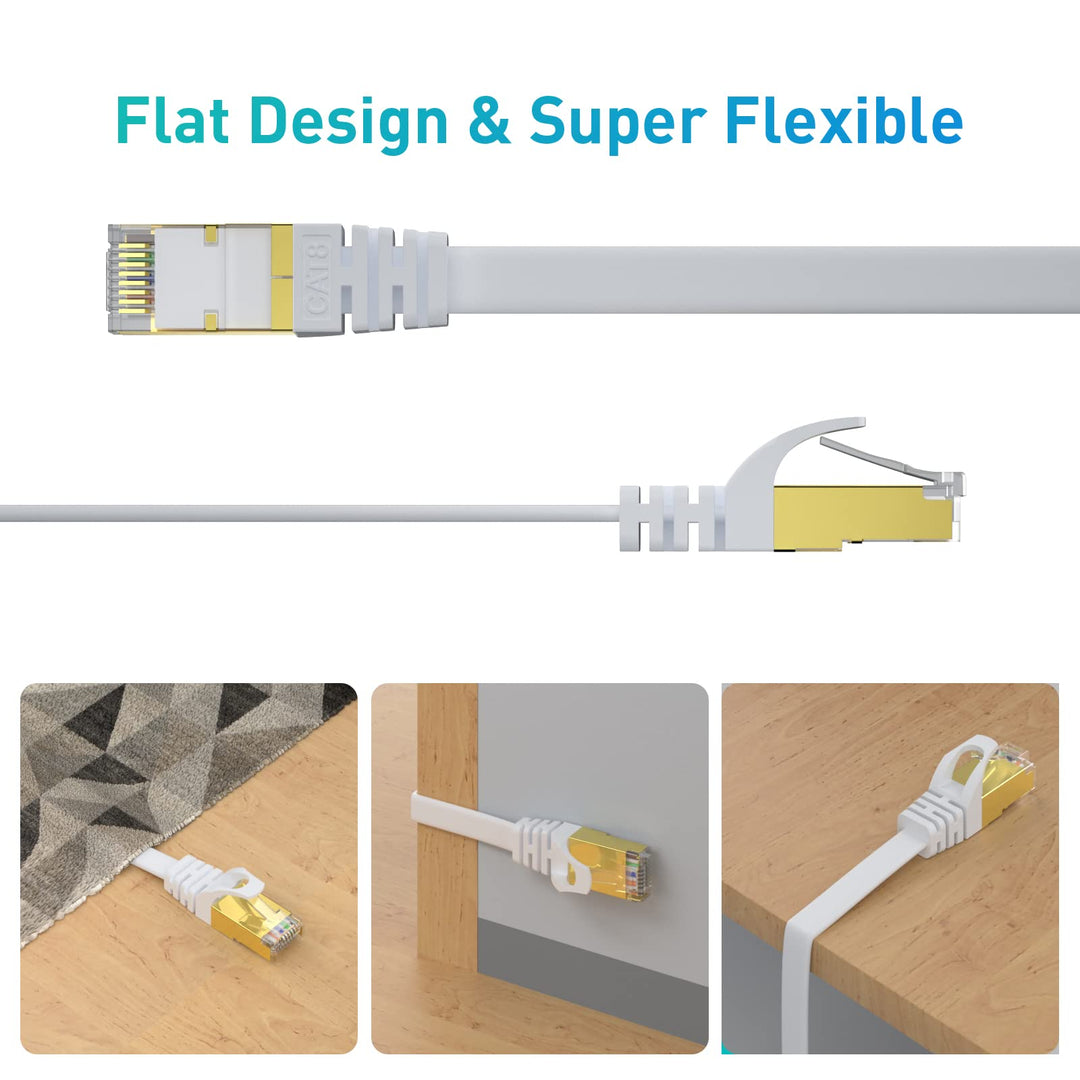 Cat 8 Ethernet Cable 20 FT, 40Gbps 2000Mhz High Speed Flat Cat8 Cable Patch Cord with Gold-Plated RJ45 Connector, LAN Network Internet Cable with 15 Clips for Router/Gaming/Computer, S/FTP