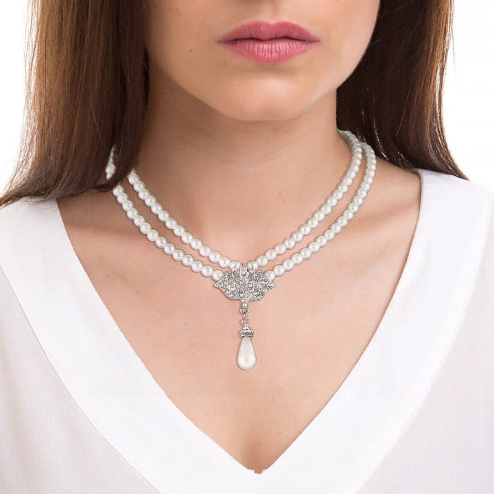 Bridal Pearl Necklace Earring Set Silver Rhinestone Wedding Jewelry Set Bride Choker Necklace Accessories for Women(Set of 3)