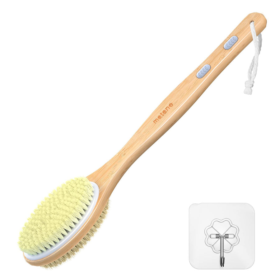 Bamboo Body Brush with Stiff and Soft Natural Bristles, Back Scrubber for Shower with Long Handle, Dual-Sided Brush Head for Wet or Dry Brushing, Exfoliating Skin and Clean The Body Easily