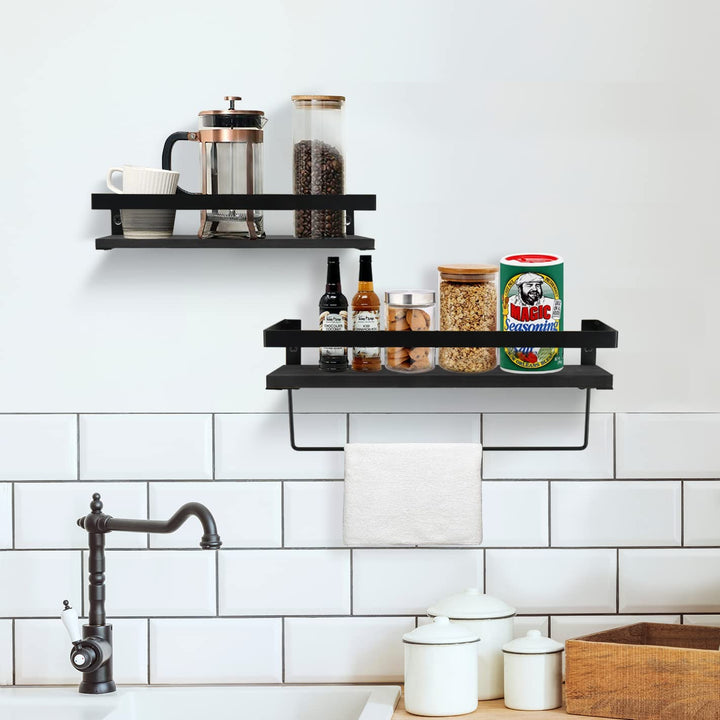 Y&amp;ME YM Bathroom Storage Shelf Wall Mounted Set of 2, Bathroom Towel Rack Set of 2, Rustic Wood Floating Shelves with Removable Towel Bar,Perfect for Kitchen, Bathroom (Brown)