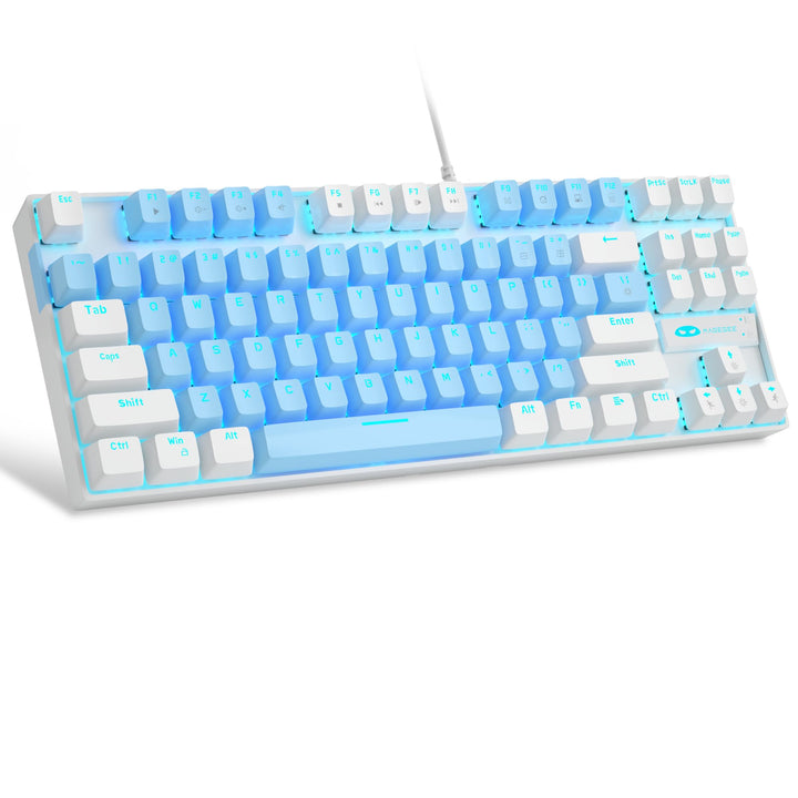 75% Mechanical Gaming Keyboard with Blue Switch, LED Blue Backlit Keyboard, 87 Keys Compact TKL Wired Computer Keyboard for Windows Laptop PC Gamer - Blue/White