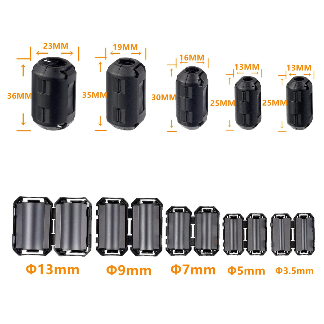 5 Values 28 Pcs Black Clip-on Ferrite Ring Core RFI EMI Noise Suppressor Cable Clip for 3.5mm 5mm 7mm 9mm 13mm Diameter Cable
