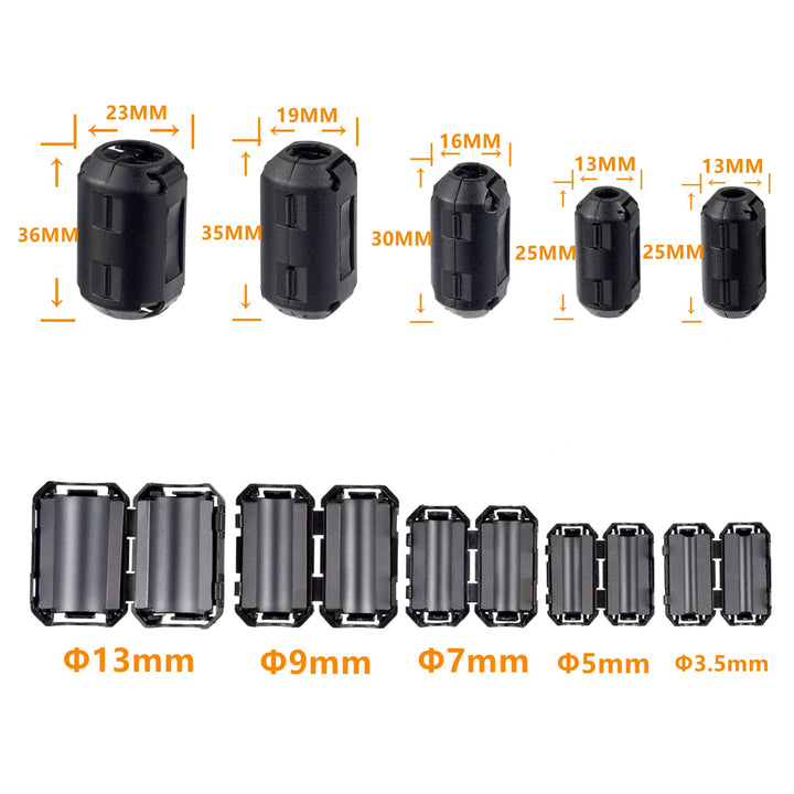 5 Values 28 Pcs Black Clip-on Ferrite Ring Core RFI EMI Noise Suppressor Cable Clip for 3.5mm 5mm 7mm 9mm 13mm Diameter Cable