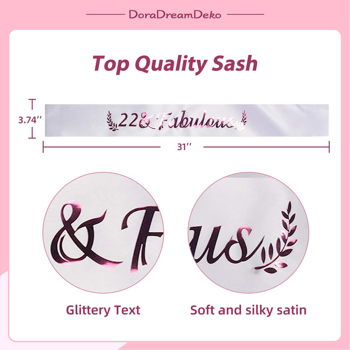 22nd Birthday Decorations Party Supplies, 22nd Birthday Gifts, Pink 22nd Birthday Tiara and Sash, 22nd White Satin Sash 22 &amp; Fabulous, 22nd Birthday Party Supplies and Decorations, Happy 22nd Birthday